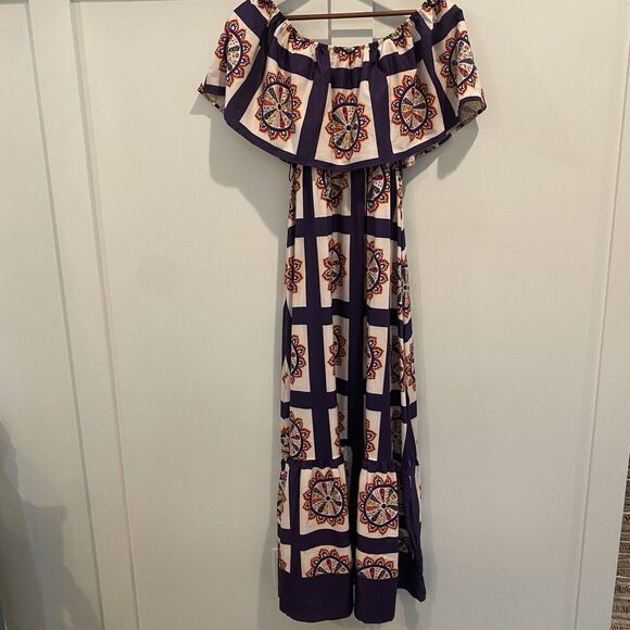 Boho Off Shoulder Maxi Dress Small Purple Geometric Folk Print Ruffle Festival - Picture 9 of 14
